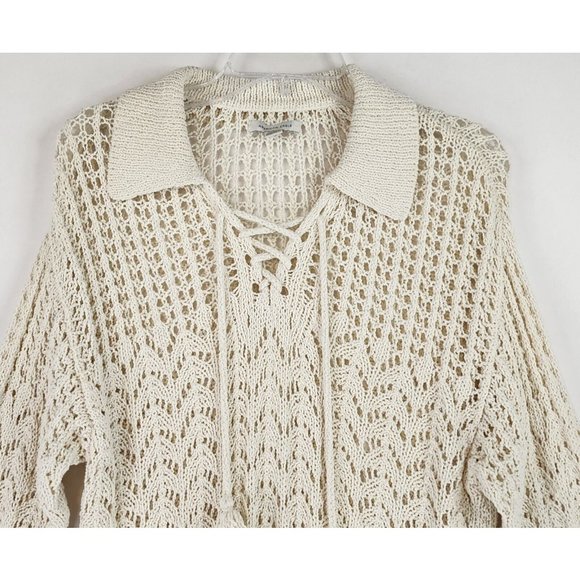 Amreican Eagle Sweater Womens Small Cream Textured Boho Tassel Tie Open Knit Top - Picture 6 of 11